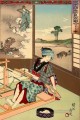 Nijushi ko mitate e awase depicts a woman weaving Toyohara Chikanobu Japanese